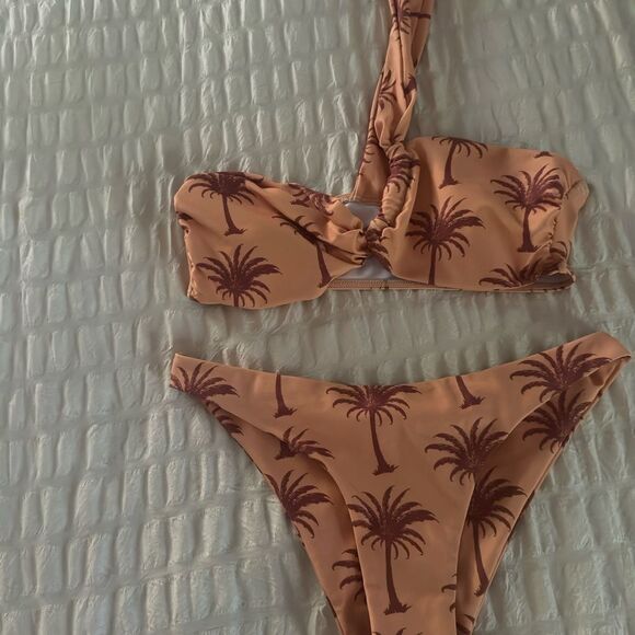 One Shoulder Swim Suit Bikini Set size Small Orange Burgundy Tropical Palm Print - Picture 1 of 3